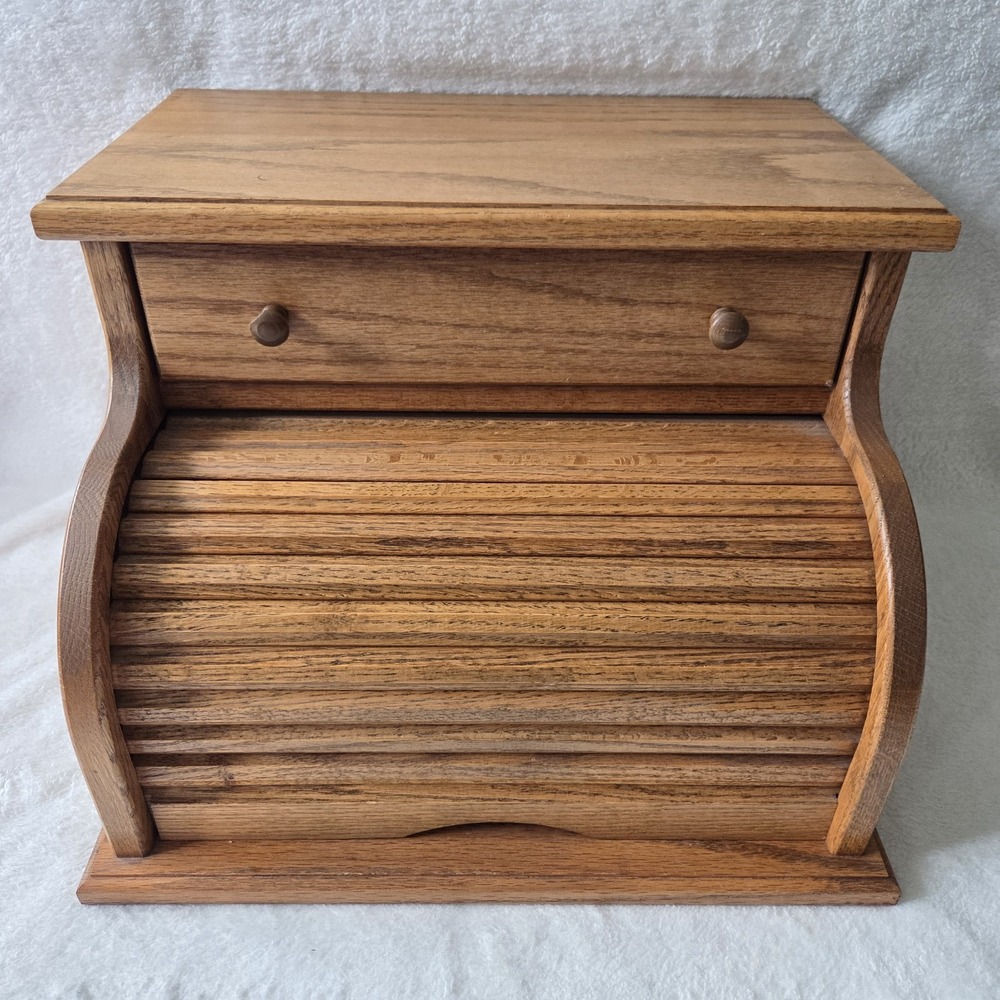 VTG Wood Bread Box Roll-Top Oak Farmhouse Primitive Rustic Cottagecore Drawer